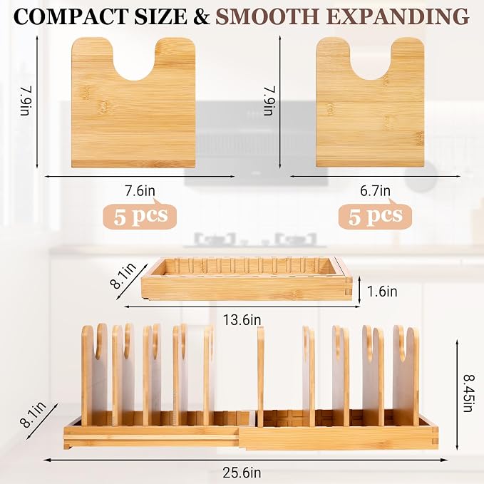 Bamboo Expandable Pot Lid Organizer, Pots and Pans Holder Rack for Cabinet | 10pcs Removable Dividers, Customized Storage, Space-saving, FSC-certified Bamboo, No Assembly