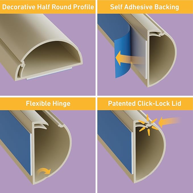 D-Line Half Round Cord Hider, Patented Cable Cover, Hide TV Wall Mount Wires, Raceway for Cords, Decorative Wire Covers, Paintable, Adhesive Cable Concealer, 2X 2in W x 1in H x 39in L, Beige