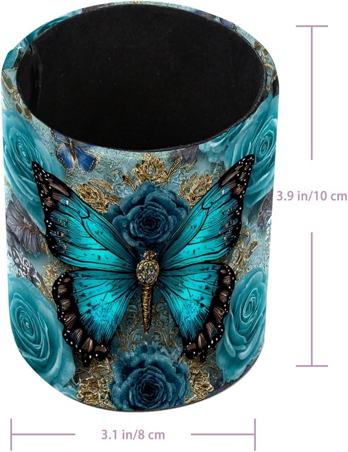Navy Blue Butterfly Pen Holder Pencil Organizer for Desk, 3.1”x3.1”x3.9” Pencil Cup Office Supplies, Large Capacity Cute Pen and Makeup Brush Holder for School, Desktop