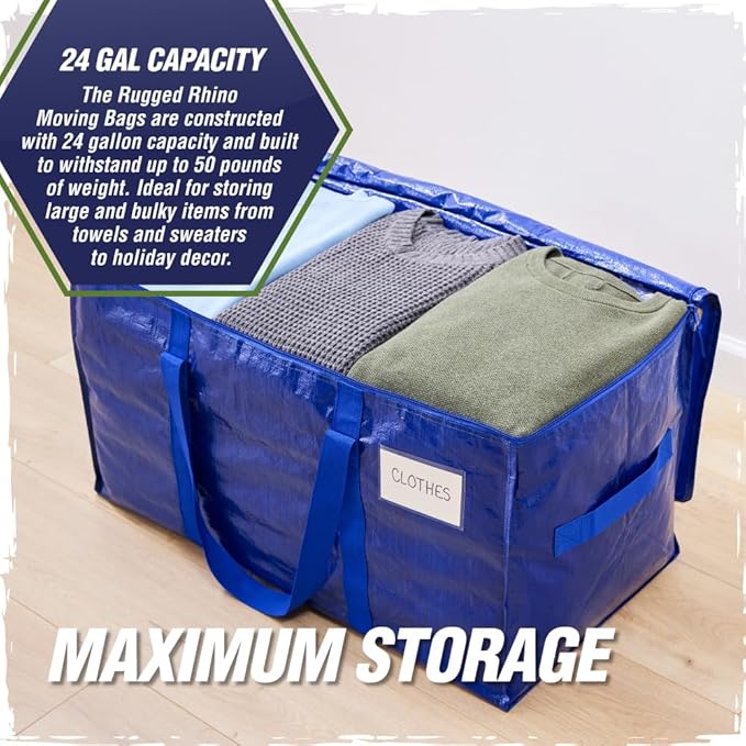 RUGGED RHINO 4 Pack Heavy Duty Extra Large Blue Moving Bags, Durable Bag with Strong Handles and Zipper, Moving Boxes Alternative for College Packing, Holiday Décor, Space Saving Storage with Label