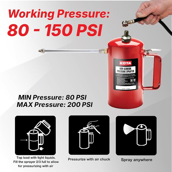 LAUCO Non Aerosol Pressure Sprayer - Refillable Pressurized Sprayer Bottle for Oil, Solvent, Degreasers, Lubricants - Rechargeable Steel Canister with Brass Nozzles, 32oz 69532