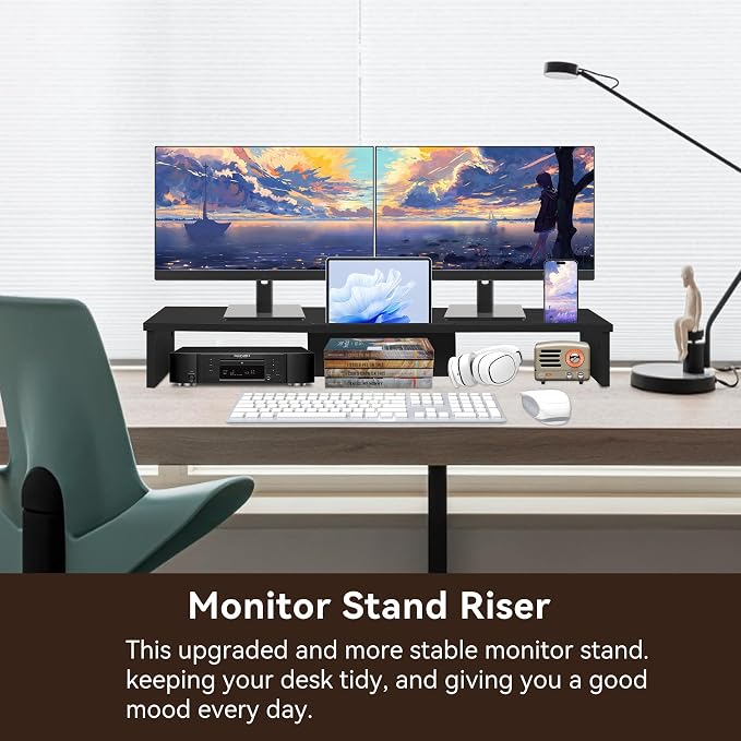 Dual Monitor Stand Riser with Phone Tablet Holder, 35.8in Large Monitor Stand for Desk, Computer Monitor Stand for 2 Monitors, Desk Shelf for Top of Desk, Desktop Organizer for Laptop, Printer, TV