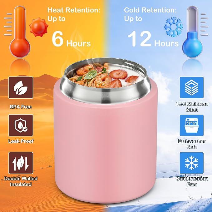 20oz Soup Thermo for Hot Food with a Snack Box Container，Leak Proof Insulated Lunch Container Kids and Adults，Stainless Steel Double Wall Vacuum Wide-mouth Food Jar with Spoon and Handle（Pink）