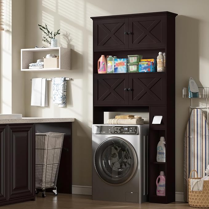 Halitaa Over The Toilet Storage Cabinet with Doors & Paper Holder, Espresso | Halitaa Farmhouse Toilet Shelf Home Space Saver with 4 Barn Doors & Toilet Paper Holder Stand for Restroom, Bathroom, Laundry