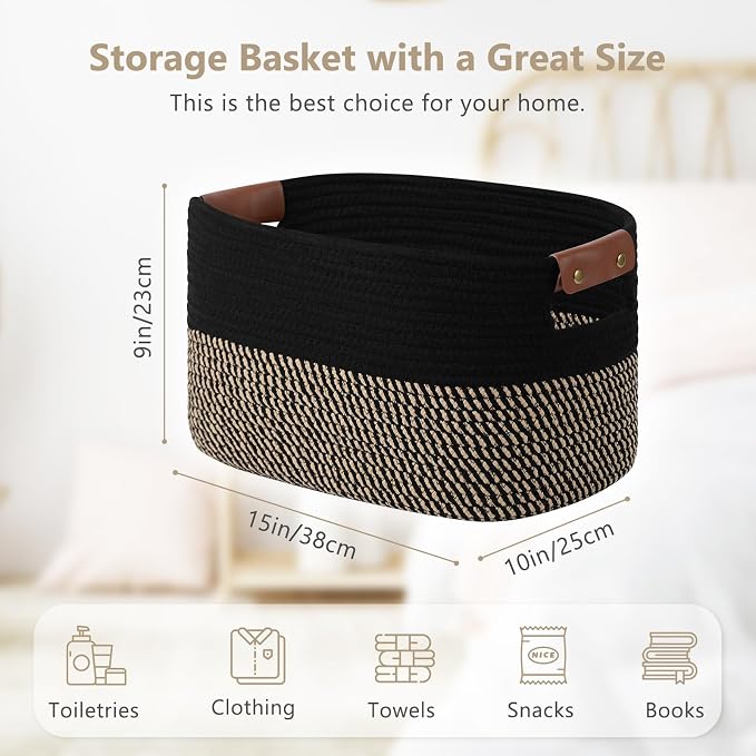 ECDYQXVU 15x10x9 Woven Cotton Rope Storage Basket, Leather Handles 1 Pack | Foldable Design, Sturdy PU Handles, Easy to Clean Organizer for Living Room, Closet, Shelves, Bedroom, Laundry, Clothes