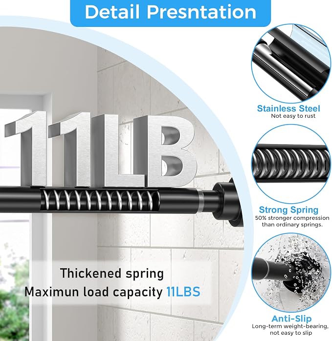 Shower Curtain Rod 31-63 Inch,7/8"Diameter Adjustable Spring Tension Curtain Rods No Drill,Matte Black Shower Tension Rod for Bathroom,Room Divider,Window,Anti-Rust Non-Slip 2-Pack