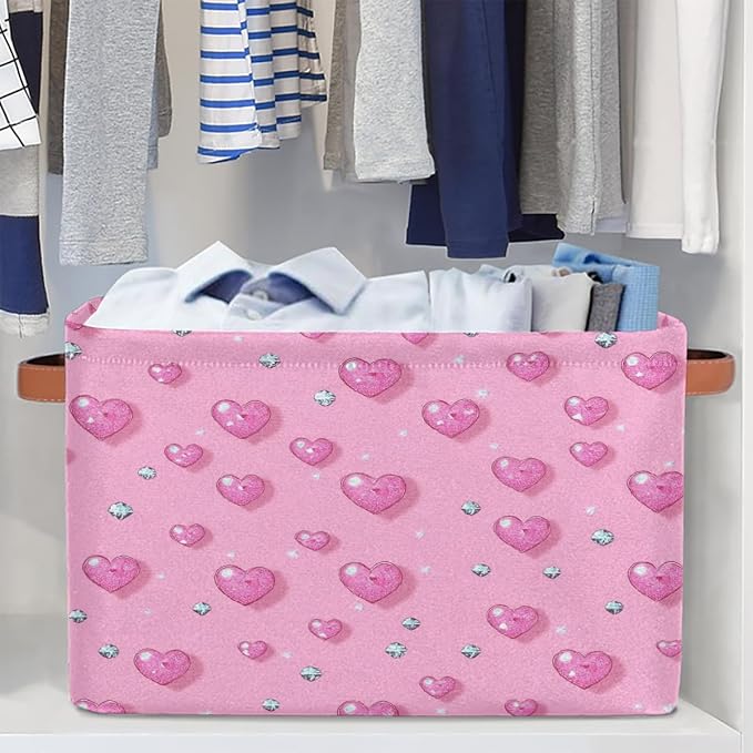 Cube Storage Bins for Shelves, Glitter Pink Hearts And Diamond Collapsible Fabric Toys Storage Basket Box with Handles for Home Office Bedroom Closet
