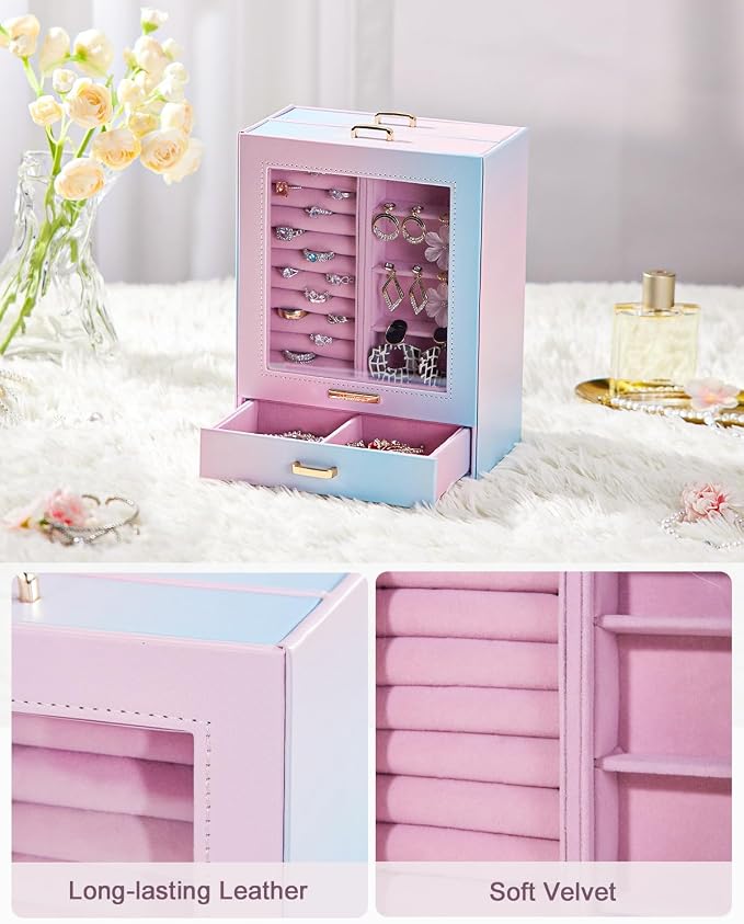 Homde Display Jewelry Box for Girls: Starter Organizer with Clear Window | Vertical Drawers for Earrings Rings Necklaces - Compact Footprint Fits Small Vanities - Birthday&Graduation Gift for Teens