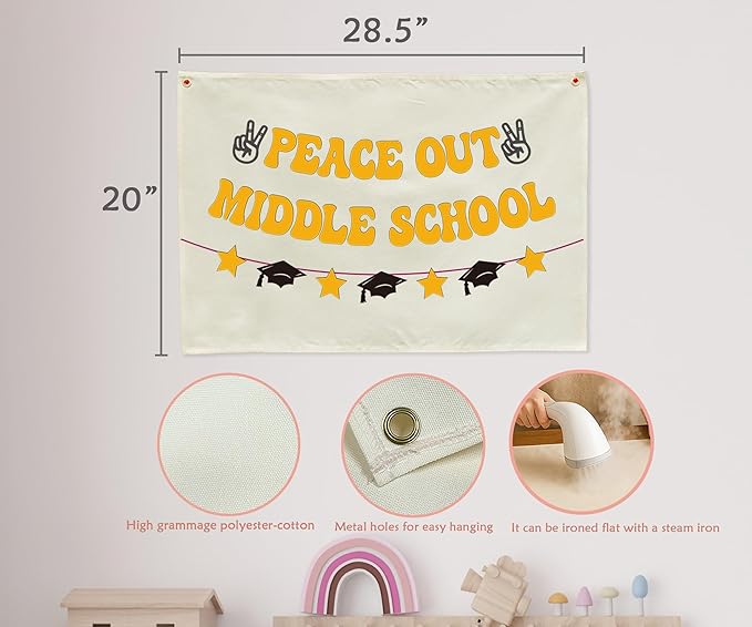 Peace Out Middle School Graduation Banner, Beige Cotton Canvas Classroom Wall Hanging Sign for Last Day of School Party Decor, 8th Grade Promotion Photo Booth Backdrop, Teacher Gift 28.5x20 Inch