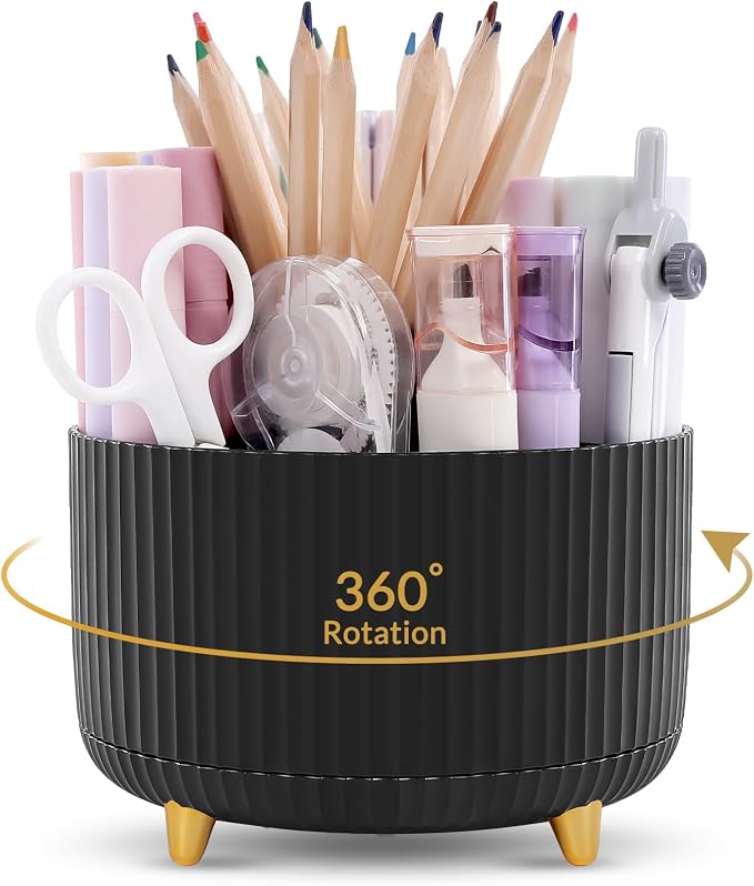 KONVINIT Pencil Pen Holder for Desk, 5 Slots 360 - Degree Rotating Desktop Organizer, Cute Desk Organizers and Accessories for School, Home, Office and Art Supply, Black