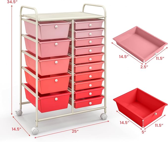 Moccha 15-Drawer Rolling Storage Cart - Under Desk Storage Drawers with wheels for Craft Art Supply Paper Salon, Scrapbook Paper Tools, Mobile Utility Cart for Classroom (15 Drawers, Gradient Pink)