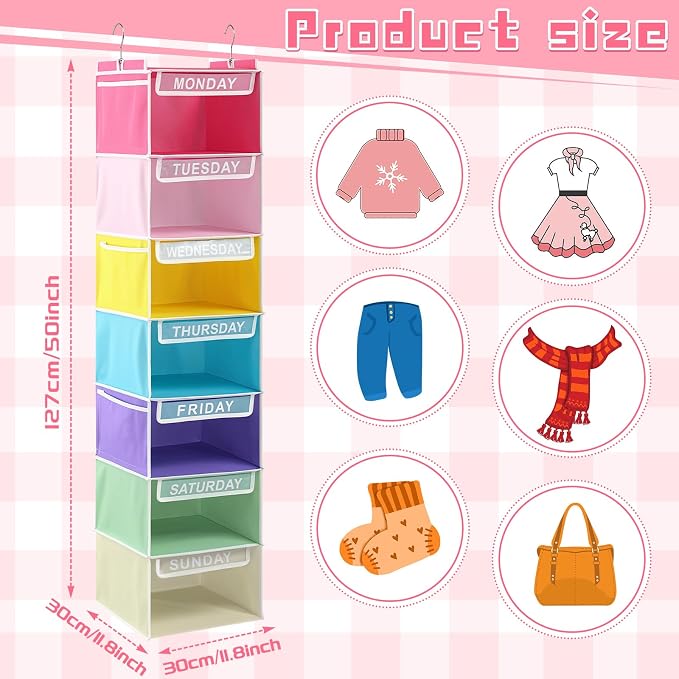 Amylove 2 Pcs 7 Shelf Weekly Clothes Organizer for Kids Hanging Closet Organizer 11. 8 x 11. 8 x 50 Inch Daily Activity Kids Clothes Storage Drawers Cube Drawers Closet Hanging Shelves (Pastel Color)