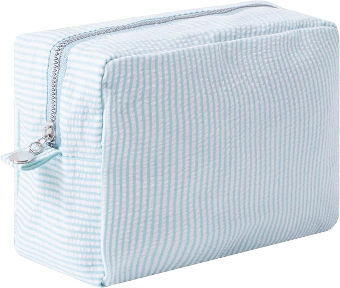 Large Capacity Striped Pencil Case Cosmetic Bag with Zipper Portable Stationery Organizer Pouch for School Students Teens Travel Toiletry Bag (Lake Blue)