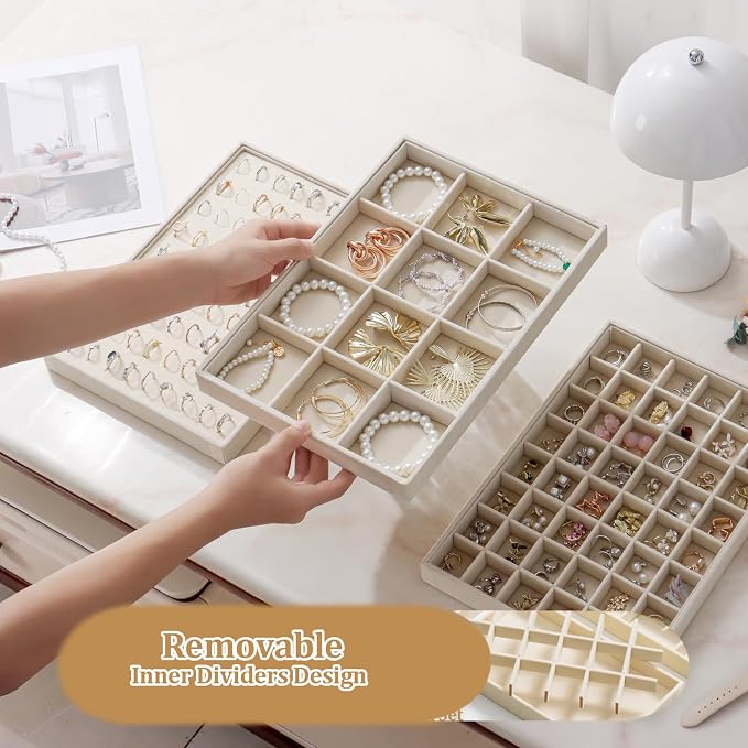 Large Jewelry Organizer for Drawer Insert Velvet Stackable Jewelry Trays for Earring Necklace Bracelet Ring Display (Beige, 12 Grids)
