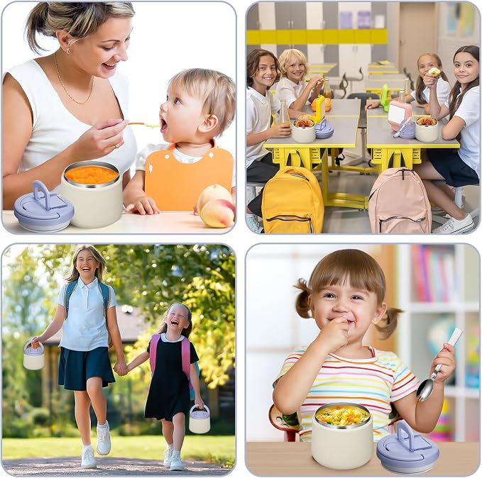 Itslife Soup Thermo for Hot Food Kids 25.5oz Lunch Containers with Buckle Lid Wide Mouth Hot Food Jar Vacuum Insulated Stainless Steel Bento Box Leakproof with Spoon (M-white3, 14oz)