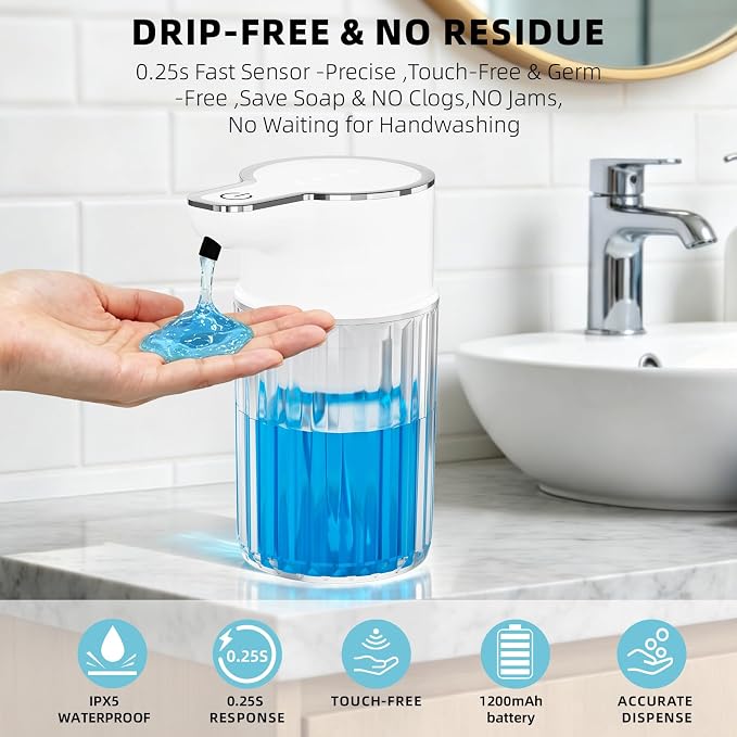 Automatic Liquid Soap Dispenser Touchless, 12oz Rechargeable Soap Dispenser with 4 Adjustable Levels, Auto Hand Soap Dispenser for Kitchen, Bathroom Countertop, Wall Mounted, IPX5 Waterproof
