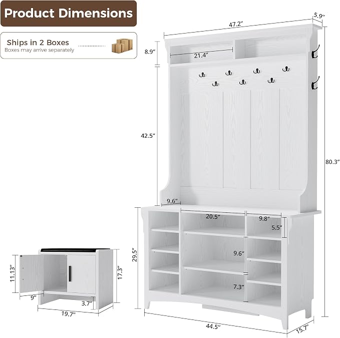 IRONCK 80" H 47" W Large Hall Tree with Bench and Shoe Storage, 6-in-1 Entryway Bench with Coat Rack, Adjustable Shelf, Hanging Hooks, 11 Shoe Cubby, 2 Tier Top Storage for Entryway and Bedroom, White