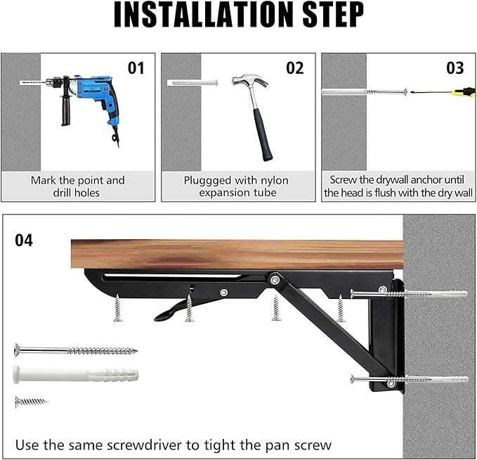 Folding Shelf Brackets - 10 Inch 2 Pcs Heavy Duty Metal Collapsible Triangle Shelf Bracket, DIY Wall Mounted Foldable Shelf Bracket, Space Saving for Bench Table with Screws