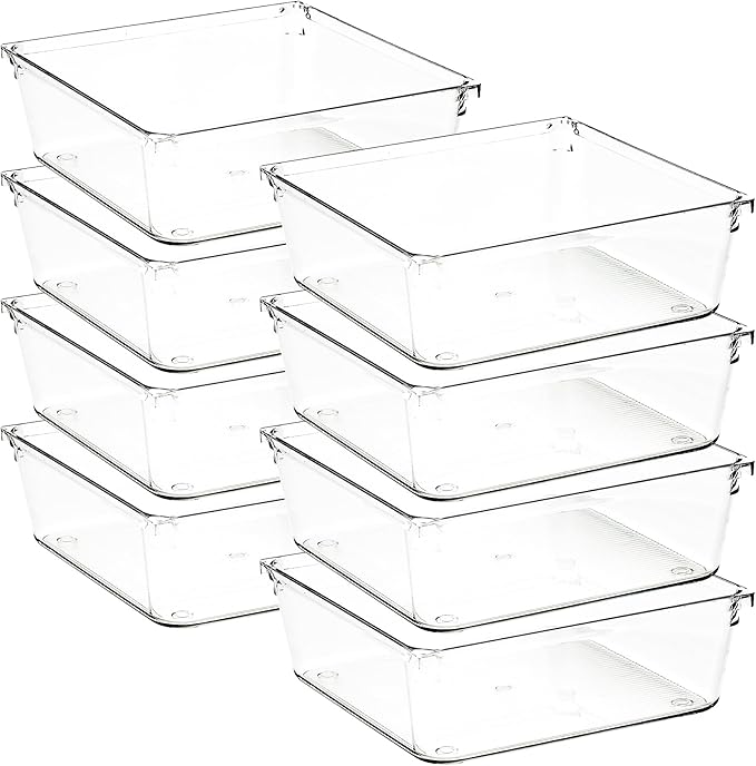 8 Pack Drawer Organizer - 6" X 6" Clear Acrylic Storage Bins with Non-Slip Pads, Versatile Desk Tray for Makeup, Jewelry, Kitchen, Bathroom, and Office Organization