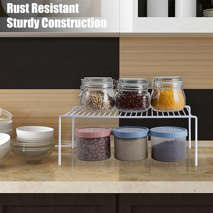 Kitchen Cabinet Shelf Organizer Set of 2, Large (15.7 x 9.4 inch) Metal Wire Pantry Storage Shelves, Dish Plate Racks for Cabinets, Freezer, Counter, Cupboard Organizers and Storage, White