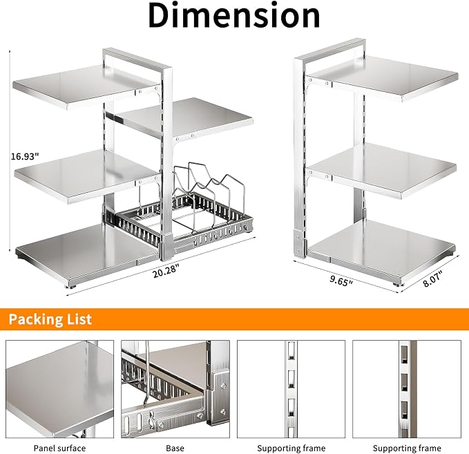 PureBox Pots and Pans Organizer Rack with Lid Holder – 8 pots, 304 Solid Stainless Steel Shelves Heavy Duty Adjustable Under Cabinet Pot Rack, Double-Sided Cabinet Organizer,Silver
