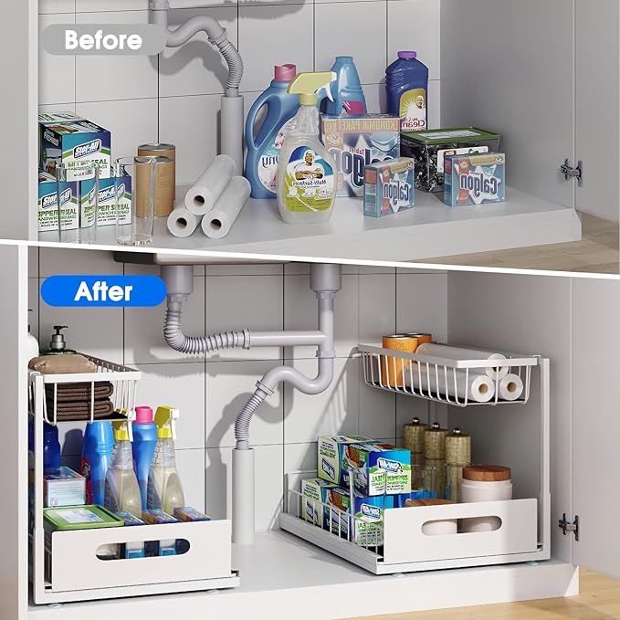 2 Pack Under Sink Organizer, 2 Tier Pull-Out Cabinet Storage Shelf, Rust-Resistant Metal Organizer for Kitchen Bathroom Laundry Room, No Tools Installation, White
