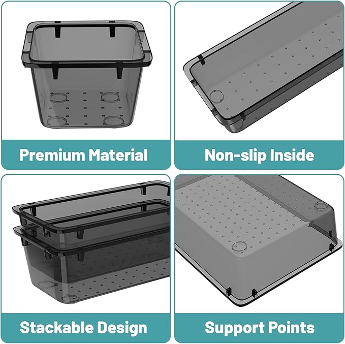 WOWBOX 8 PCS Clear Plastic Drawer Organizer Set, 4 Sizes Desk Drawer Organization and Storage Containers for Makeup, Cosmetics, Jewelry and Gadgets in Kitchen, Bathroom, Bedroom, Office, Clear Black