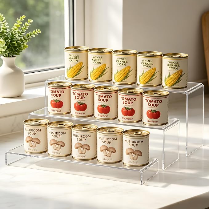 3 Tier Clear Acrylic Display Shelf Organizer, Pantry Can Rack for Food and Drinks, Tiered Stand for Perfume, Cupcakes, Cookies, Party Food, Figurines and Collectibles