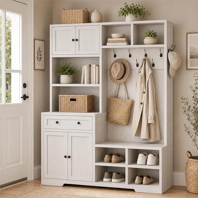Einhomn 5-in-1 Hall Tree with Bench and Shoe Storage, 51" W Entryway Organizer Coat Rack with 9 Hooks, 2 Storage Cabinets, Drawer, Open Cubbies for Mudroom, Hallway, Living Room, Rustic White