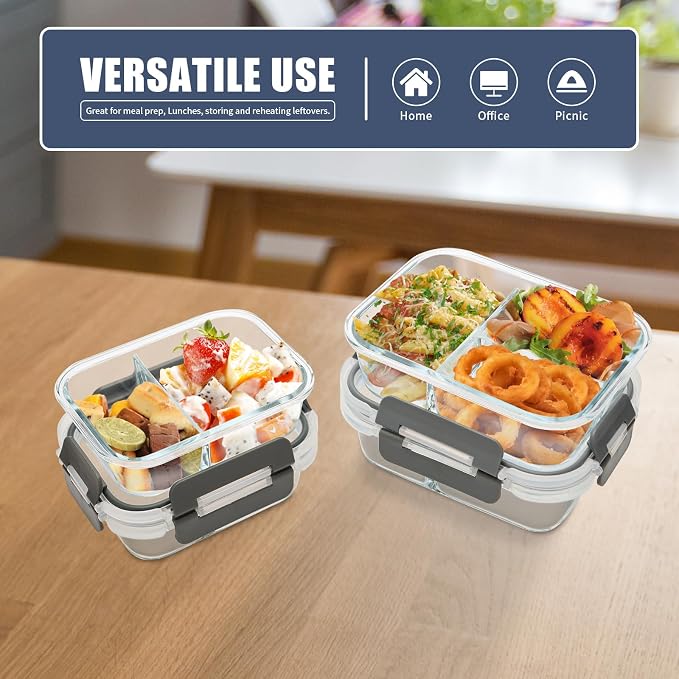 2 & 3 Compartment Glass Meal Prep Containers with Lids, Lunch Containers | Portion Control Glass Containers, Ideal for Work, Gym, On-the-Go, Lunches, Freezer to Microwave Safe