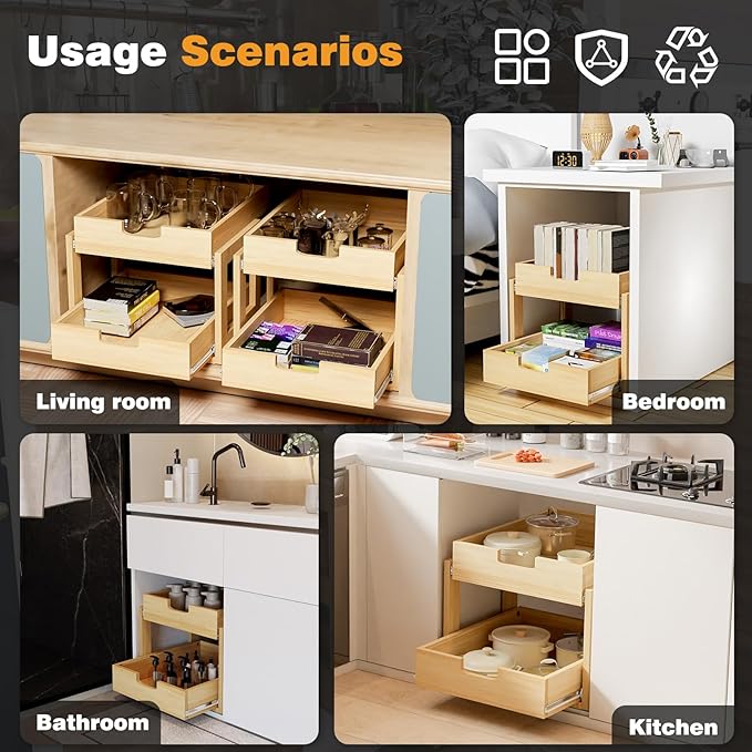 Pull Out Cabinet Organizer, 14''W×21''D Sliding Drawers for Cabinets, 2 Tier Soft Close Slide Out Wooden Pull out Drawers, Base Cabinet Organization for Kitchen, Pantry, Bathroom