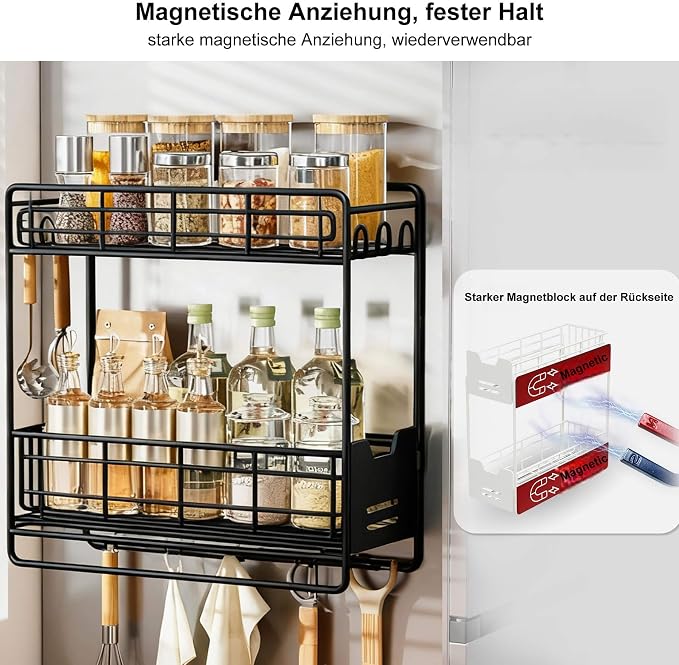 Magnetic Shelves for Washing Machine with Pull Out Shelf, Black Magnetic Sliding Racks for Side of Fridge, Magnetic Laundry Shelf with 5 Hooks, Magnet Laundry Room Organizer