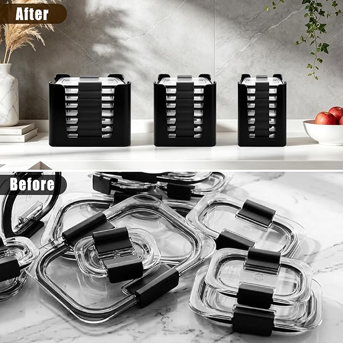 Stackable Food Container Lid Organizer, for Rubbermaid Brilliance Snap-on Lids, 3-Piece Kitchen Cabinet Storage Holds 24 Lids,Black