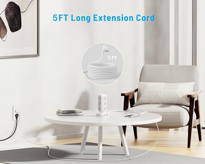 TenTrend Power Strip Tower, 4.8A Fast Charging Tower, 5 FT Extension Cord | 12 AC Outlets & 8 USB Ports (4USB-C), Flat Plug Charging Station for Home, Office, Dorm Room