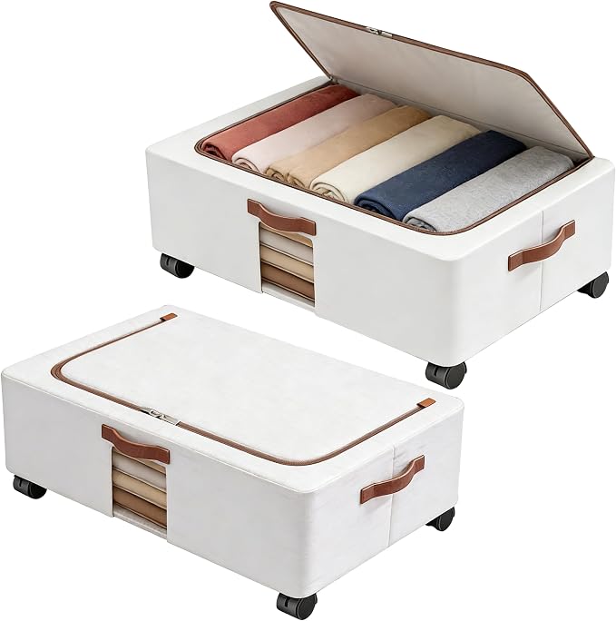 Under Bed Storage Organizer with Wheels - 2 Pack Large Foldable Underbed Drawer with Handle Side Clear Zipper Lids Waterproof Storage Bin Toy Shoe Cloth Container for Nursery Bedroom Home Dorm