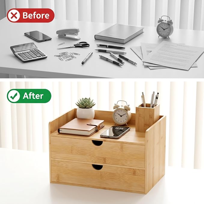 Bamboo Desk Organizer with Drawers, Desktop Storage for Office Supplies | 2 Drawers Desktop organizer, No Assembly Required, Natural Wood Wooden Desktop Drawers Box for Bills, Cosmetics, Seals, Paper