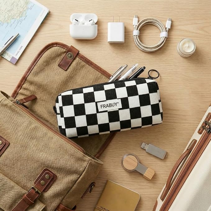 Soft Corduroy Pencil Case Pen Pouch Organizer, Small Stationery Bag | Cute black checkerboard pencil pouch, smooth zipper, daily cosmetics holder, compact organizer for school teen girls, women