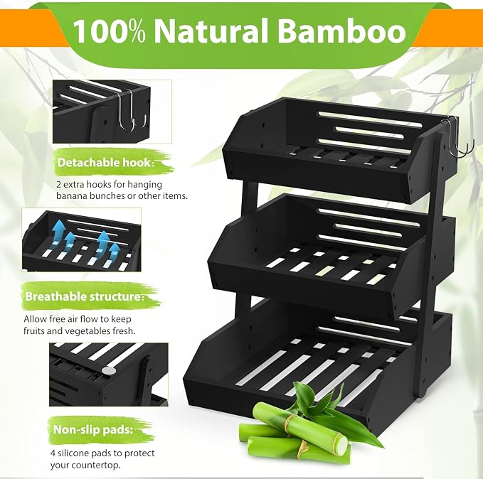 Gmtsl Bamboo Fruit Basket for Kitchen, Fruit Holder for Kitchen Countertop | 3 Tier Fruit bowl for Kitchen Counter, Fruit Stand, Vegetable Basket Storage, Produce Organizer, Bread Snack Display(BLACK)