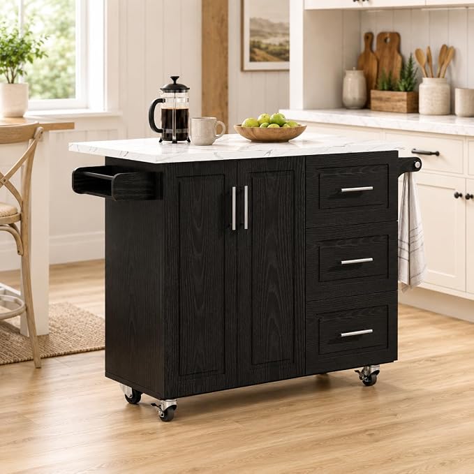 4 EVER WINNER 43" Modern Kitchen Island on Wheels with Drop Leaf & Storage, Faux Marble Tabletop, 3 Drawers with Spice Rack & Towel Rack, Rolling Kitchen Cart for Small Space, Black