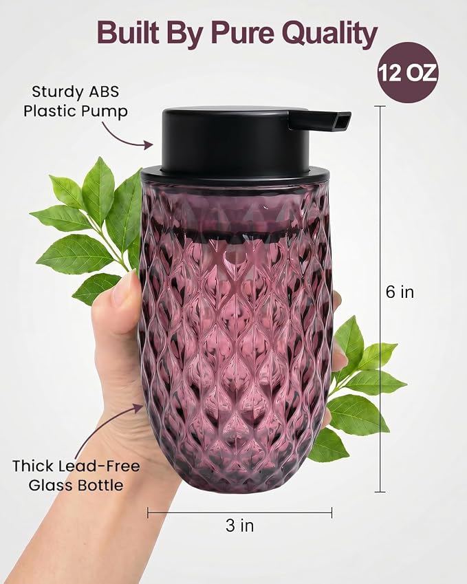 Glass Foaming Soap Dispenser, Purple Embossed Foam Hand Soap Dispenser | 2PCS Refillable Foaming Soap Bottle, with Black Pump for Bathroom, Kitchen, Elegant Modern Home Decor, 12 OZ Large Capacity