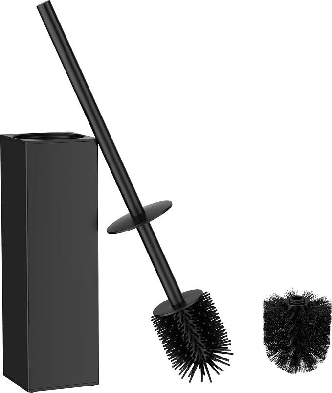 FORIOUS Toilet Cleaner Brush,2 Toilet Bowl Brush Head Square Tall Black | Heavy Duty 304 Stainless Steel Base, Silicone and Plastic Brush Heads, Long Handle for Deep Cleaning, Drip-Proof