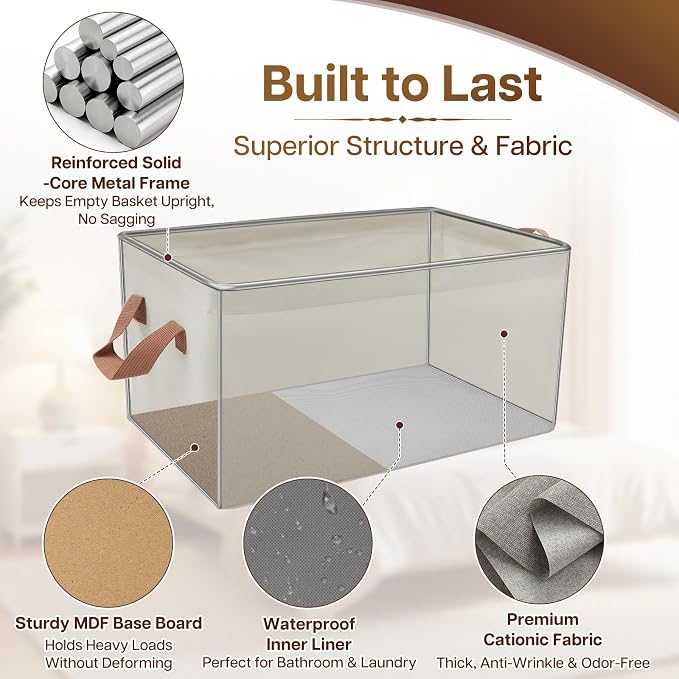 15" Long Fabric Storage Bins 6 Pack, with Handles for Shelves | Collapsible closet organizer bins, sturdy metal frame, 12 labels + twine, for clothes, toys, shelves.