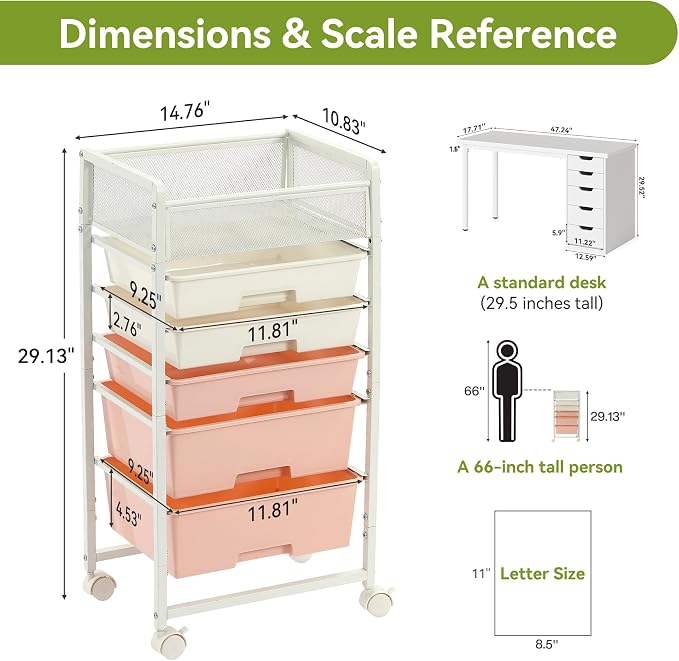 Stylish Rolling Craft Cart with Wheels and 5 Drawers, Art Cart Organizer and Storage, Rolling Storage Cart for Organizing Crafts, Yarn, Toys, School Supplies, etc