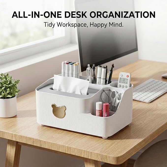 COVRA 9.5 x 6.6 x 4.7 inches Desk Organizer with Tissue Box Holder - Multifunctional Desktop Storage Caddy with Pen Holder, Cute Bear Design - Plastic (Pink)