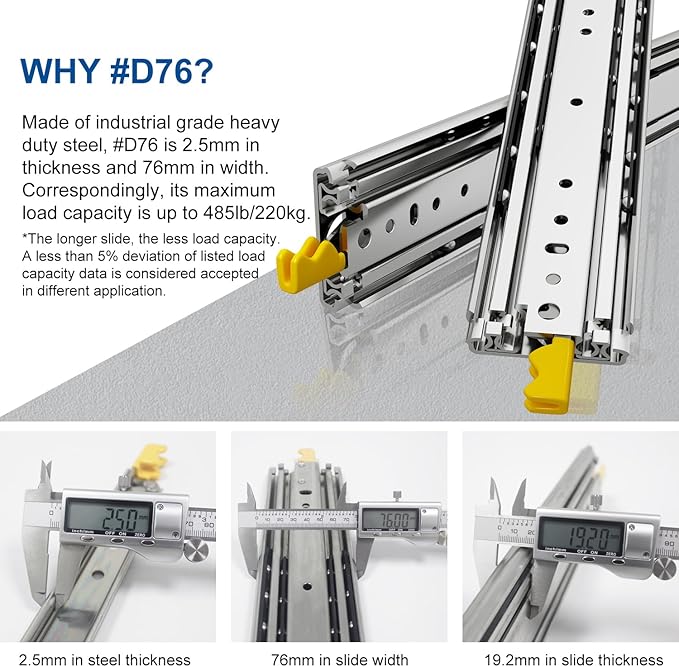 VADANIA 40" Industrial Grade Heavy Duty Drawer Slide with Lock #D76, 3" Widening Up to 379lb Load Capacity, 3-Fold Full Extension, Ball Bearing Lock-in & Lock-Out, Side Mount, 1-Pair