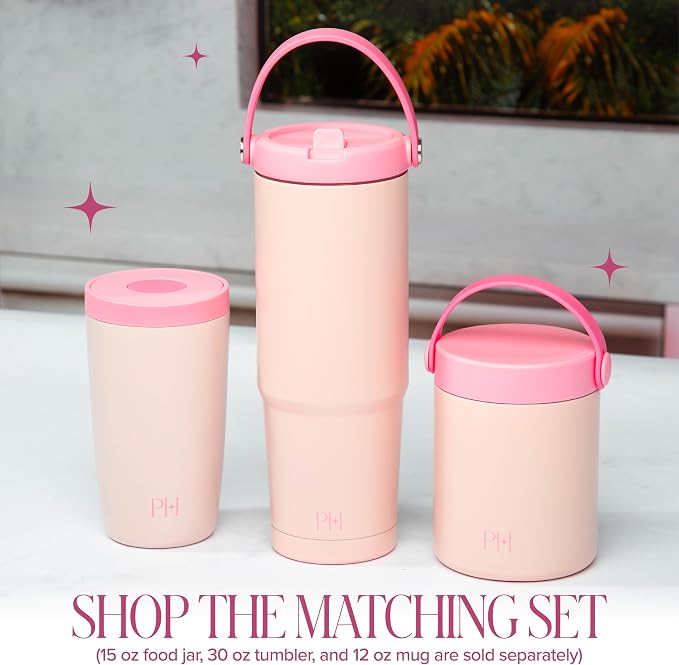 Paris Hilton Insulated Food Jar, Stainless Steel Vacuum Insulated Food Container with Folding Carry Handle, Leak-Proof Lid, 15-Ounce, Pink