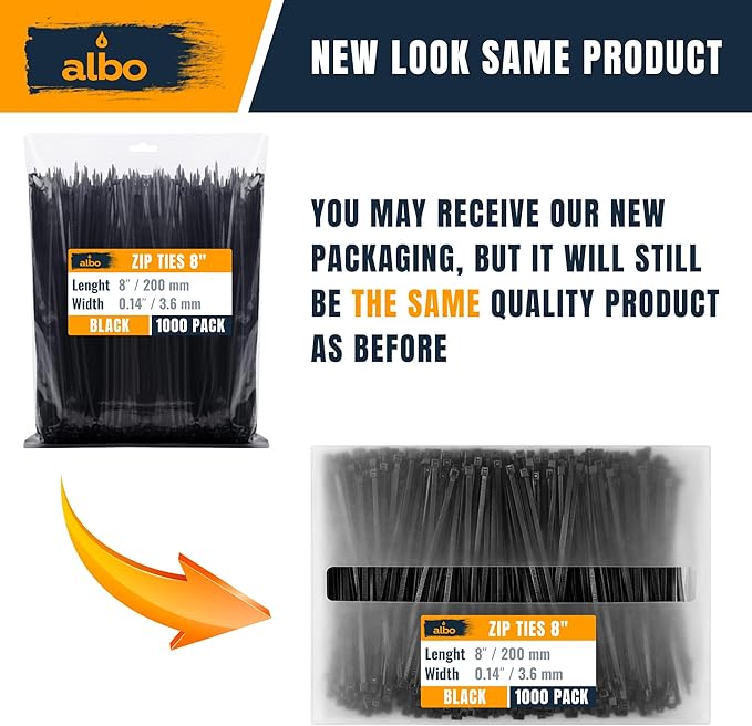 ALBO Zip Ties Black 8 Inch 1000 Pack 40 lb, Long Plastic Cable Ties Thick 0.14 Inch Tie Wraps Heavy Duty UV Resistant Nylon Wire Ties for Indoor and Outdoor