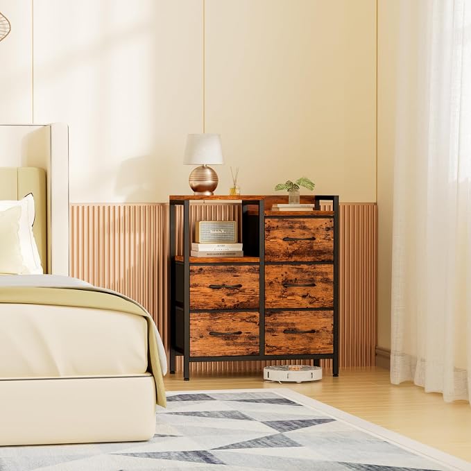 Furnulem Rustic Brown Dressers for Bedroom, 5 Drawer Dresser for Closet | Small Fabric Dresser with 2 Tier Shelf, Drawer Units with Sturdy Metal Frame, Storage Cabinet Organizer for Hallway, Wood Top