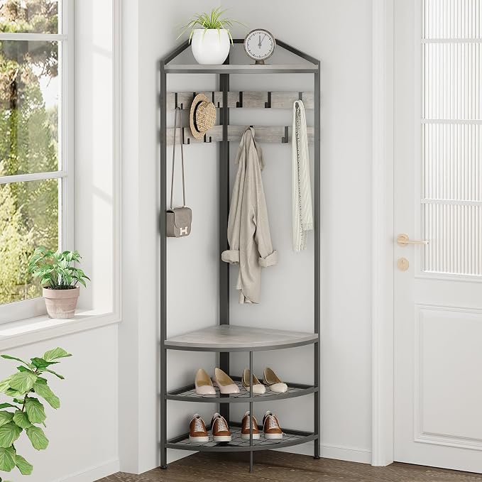 GiftGo Grey Corner Hall Tree with Shoe Bench Entryway Coat Rack with 10 Metal Movable Hooks Rustic Farmhouse Floorstanding Clothes Rack Shoes Shelf Organizer for Home Office Bedroom (Greige)