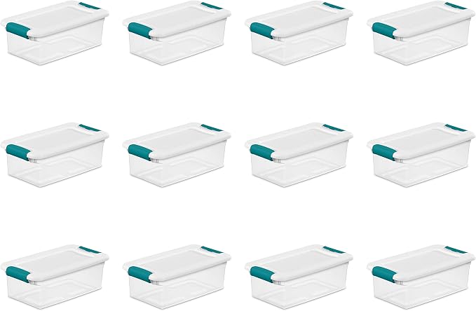 Sterilite 6 Qt Latching Storage Box, Stackable Bin with Latch Lid, Plastic Container to Organize Shoes on Closet Shelf, Clear with White Lid, 12-Pack